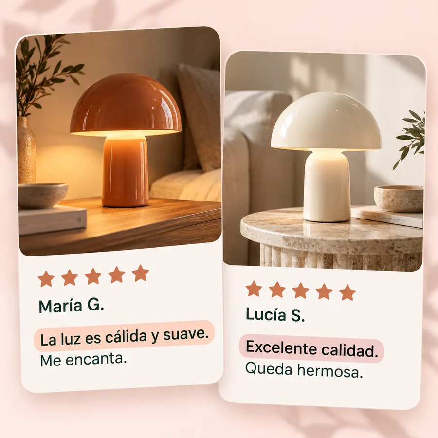 Dos reseñas de lámparas con la frase “La luz es cálida y suave” y “Excelente calidad” resaltadas en rosa.