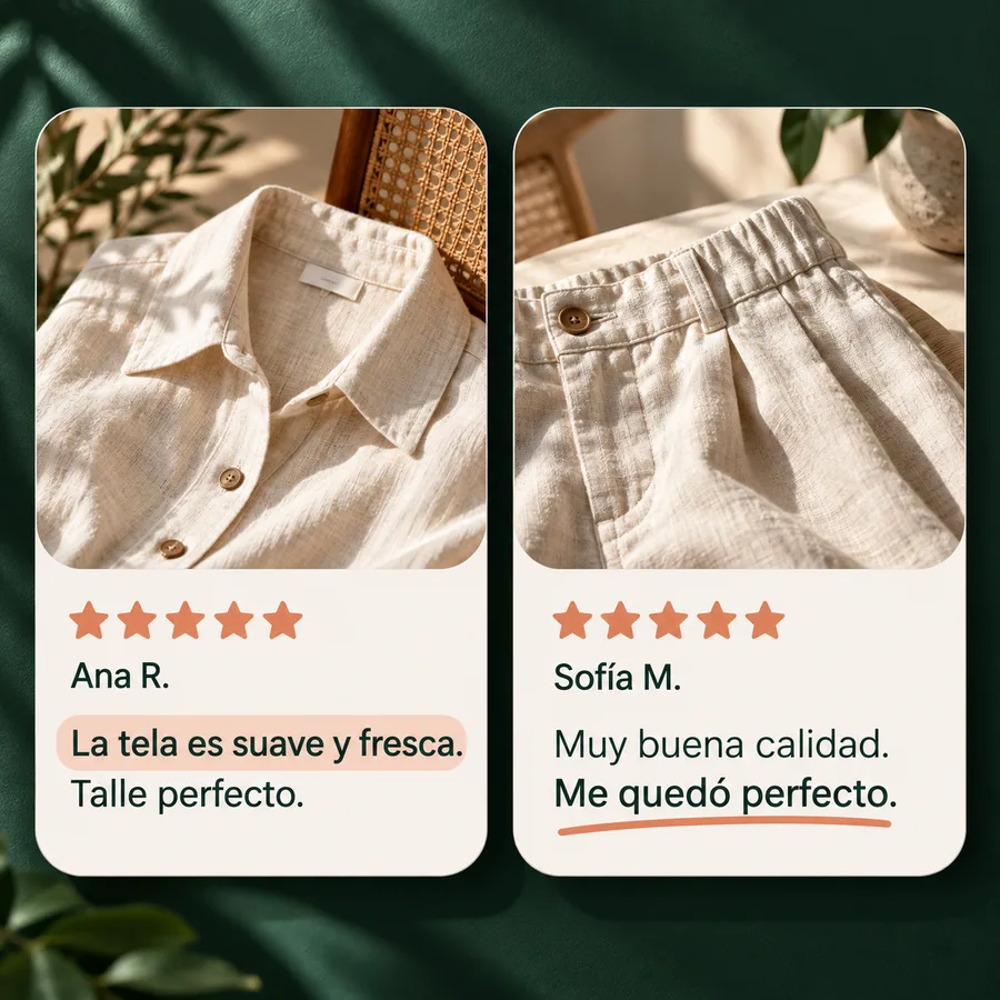 Dos reseñas de ropa de lino: en una se resalta “La tela es suave y fresca” con fondo, en la otra se subraya “Me quedó perfecto”.