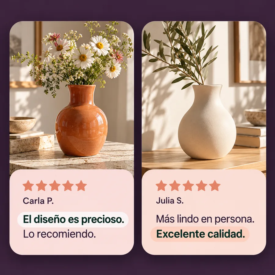 Dos reseñas de jarrones con las frases “El diseño es precioso” y “Excelente calidad” resaltadas.